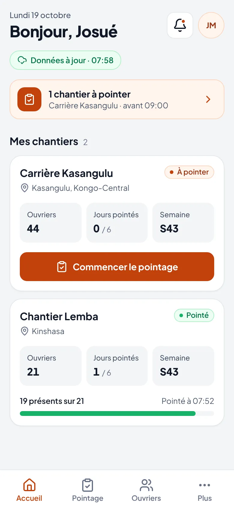 Accueil de l’application mobile du chef de chantier