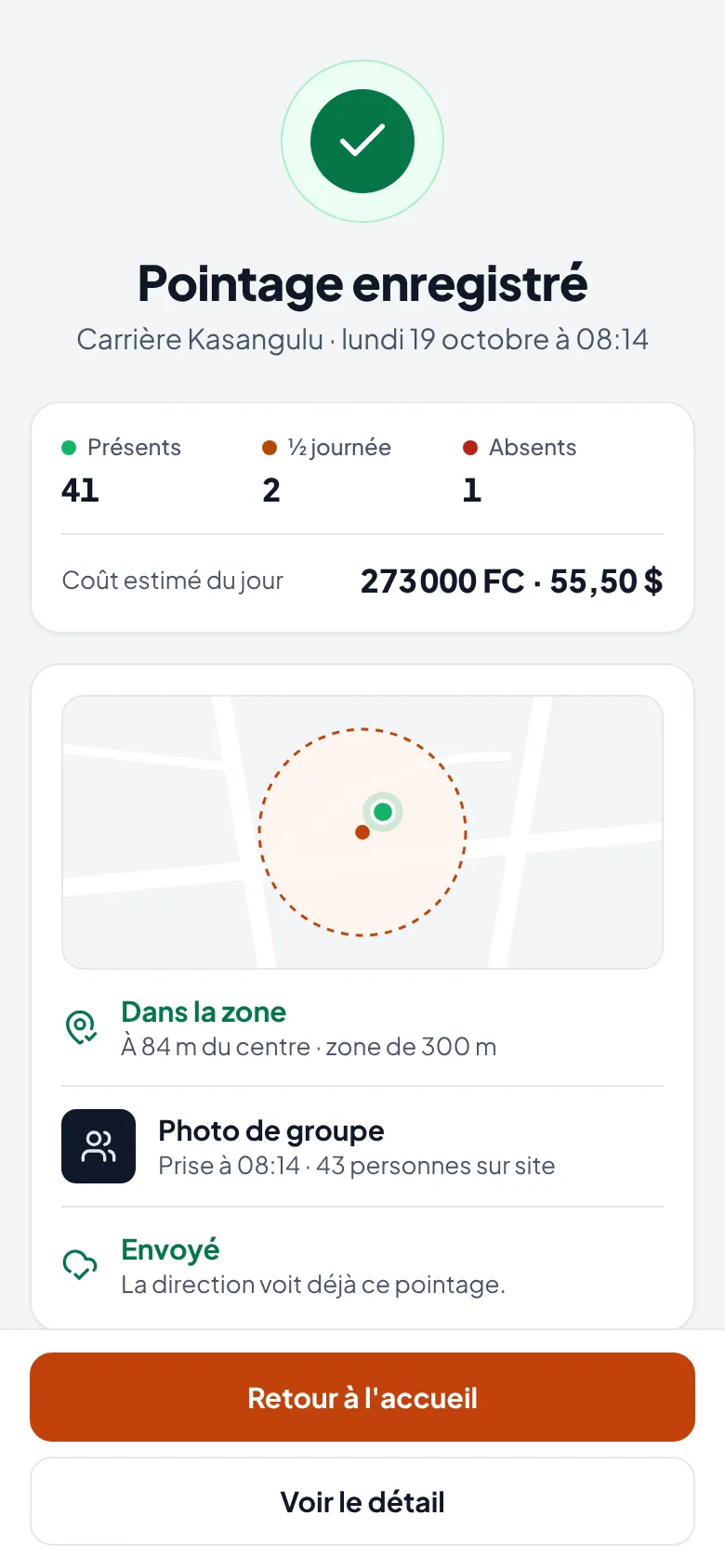 Confirmation d’un pointage enregistré dans la zone du chantier