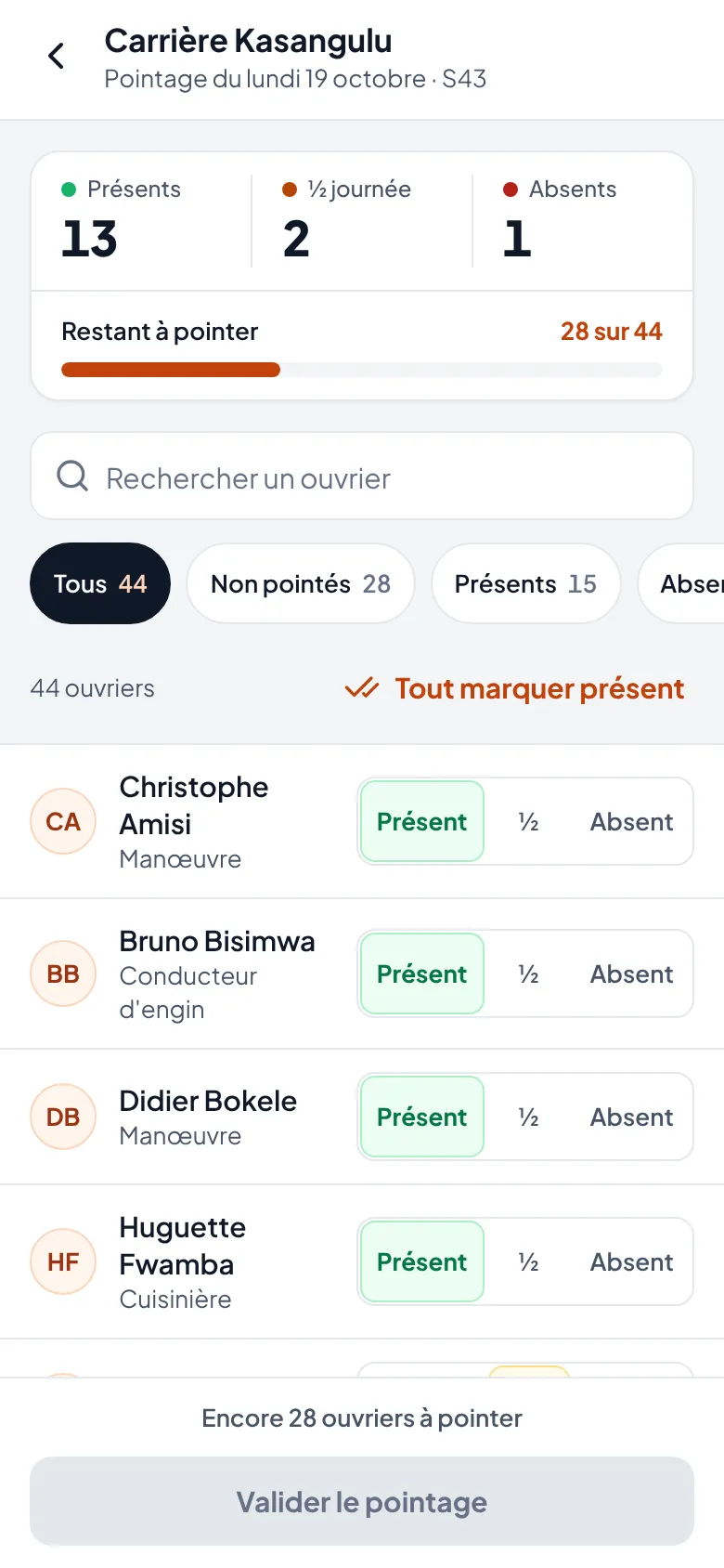 Écran de pointage du jour de l’application mobile Kibarua